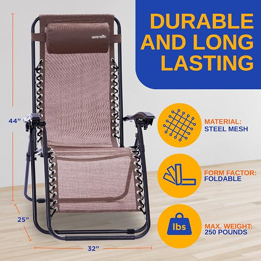 SereneLife 2 Pack Zero Gravity Recliner Chairs with Table, Brown | Lockable recline, padded headrests and cup holder table provide comfortable outdoor seating for patios and camping