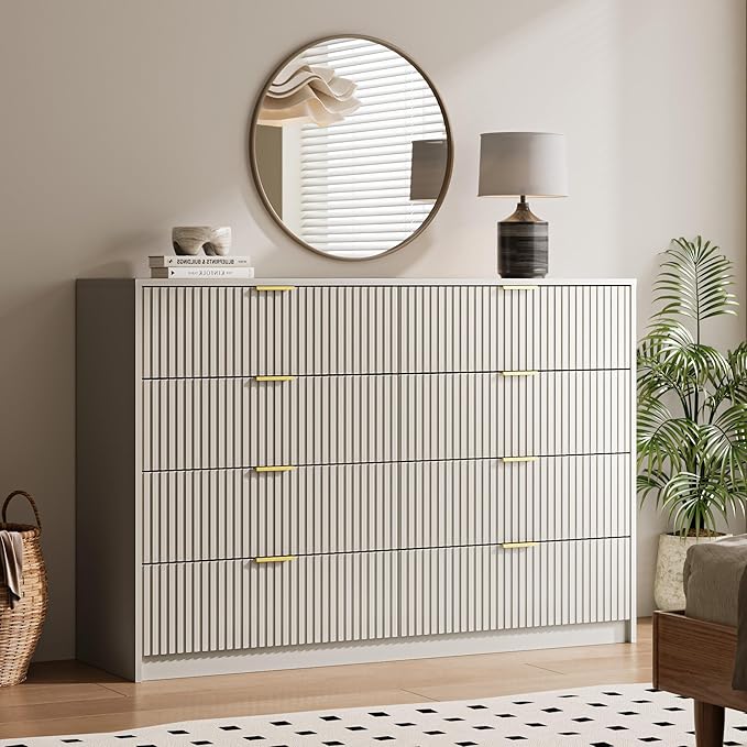 MAISONARIA 3-Piece Dresser Bedroom Set, 8 Drawer Dresser & 3 Drawer Nightstands with Gold Handles, Fluted Wood Chest of Drawers for Bedroom, Living Room, Entryway, Beige