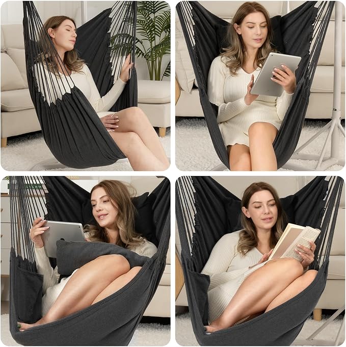 Y- STOP Hammock Chair Hanging Rope Swing Chair, Max 500 Lbs, 2 Seat Cushions Included, Removable Steel Spreader Bar with Anti-Slip Rings, Hardware kit-for Indoor Outdoor(Dark Grey)