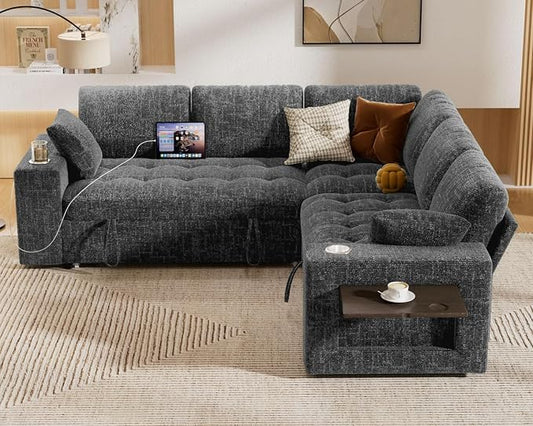 Vipbear 86" Modular Sectional Sleeper Sofa with Pull Out Bed, 5 Seat Chenille L Shaped Couch with USB Ports|Cup Holders|Side Table|Storage Loveseat, Tool Free Assembly, Grey