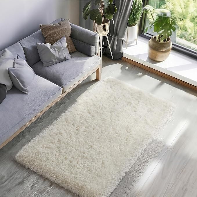 Ophanie Runner Rug for Hallway, 3x6 Washable Non-Slip Fluffy Soft Bedside Rugs, Bedroom Living Room Shaggy Carpet for Kids Girls Boys Dorm Nursery Decor Aesthetic, Ivory with Over 99 pcs Pile fibers