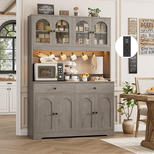 HIFIT 71" LED Kitchen Pantry Cabinet with Power Outlet, Large Kitchen Hutch Storage Cabinet with Arched Door, Shelves, 2 Drawer, Tall Farmhouse Coffee Bar w/Hutch for Home Dining Living Room, Ash Grey