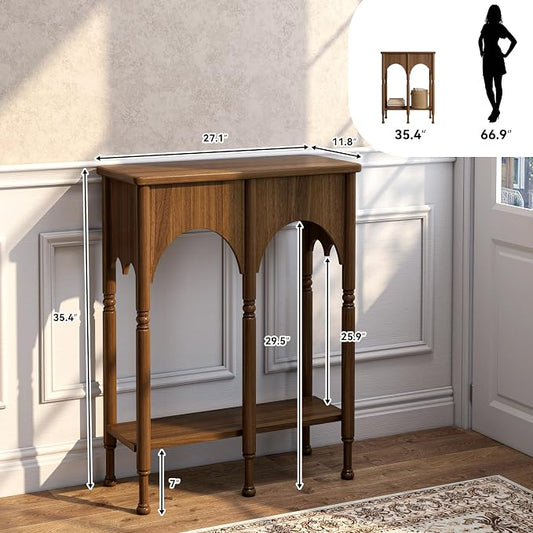 Console Table with Storage Shelf Set of 2, Retro Modern 2-Tier Entryway Table, Narrow Sofa Table with Roman-Style Legs for Living Room, Hallway, Brown