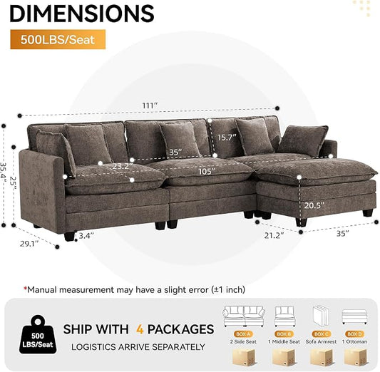 111'' Sectional Cloud Deep Seat Couch, Modern Comfy Chenille L Shaped Sectional Sofa for Living Room Set, Upholstered Modular 3-Seats Sofa Couch with 1 Movable Ottoman, Brown