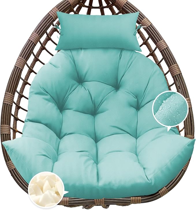 Outdoor Hanging Egg Chair Cushion Replacement, Thicken Egg Chair Cushion Waterproof Basket Eggs Chairs Cushion with Headrest Pillow, U-Shaped Cushions for Hanging Eggs Chairs Swing (Teal)