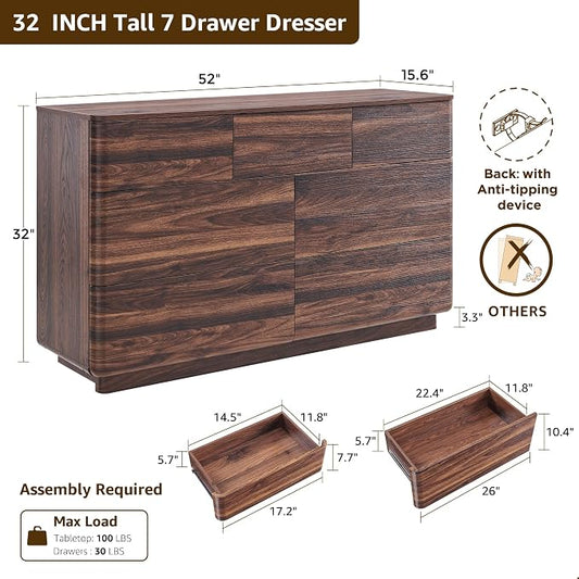 ACCOHOHO Modern 7 Drawer Dresser for Bedroom, 52" Wide Handleless Chest of Drawers, Large Push-to-Open Wood Storage, Dresser TV Stand for Bedroom, Living Room, Hallway, Curved Profile, Brown