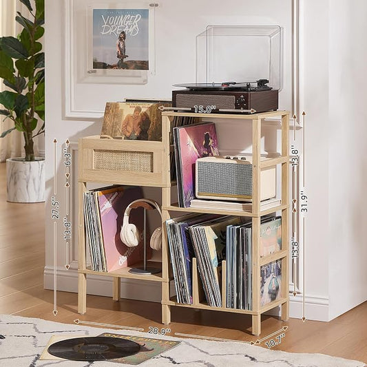 LELELINKY Record Player Stand, Natural Oak Wood Record Holder with Vinyl Storage Holds up to 300+ Albums, 3-Tier Rattan Media Table with Vinyl Display Shelf, Record Storage Cabinet for Living Room