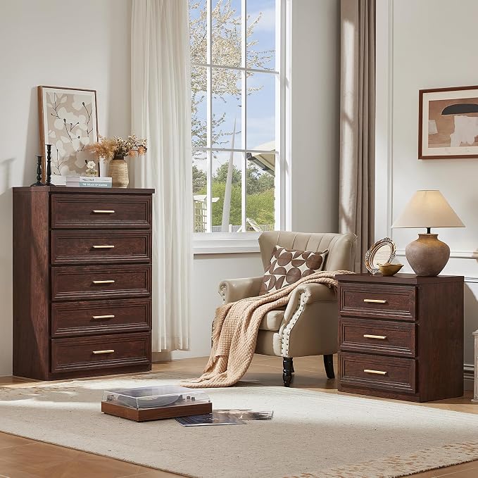 RWYHG Dresser Set for Bedroom with 5 Drawers 45" Tall Wood Closet Organizer with Metal Handle Furniture for Living Room Hallway Walnut