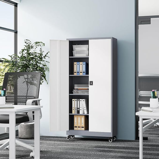 Fesbos Metal Rolling Storage Cabinet-74.6” Tall Steel File Cabinets with Wheels Lockable Doors and Adjustable Shelves-Gray & White Steel Storage Cabinet for Home, School, Office, Garage