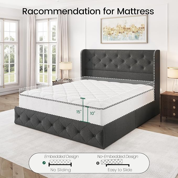 LARMACE Full Size Bed Frame with 4 Storage Drawers and 47.2" Tall Wingback Headboard Linen Upholstered Platform Bed Frame Tufted Beds with Wooden Slats Support, Easy Assembly, Dark Grey