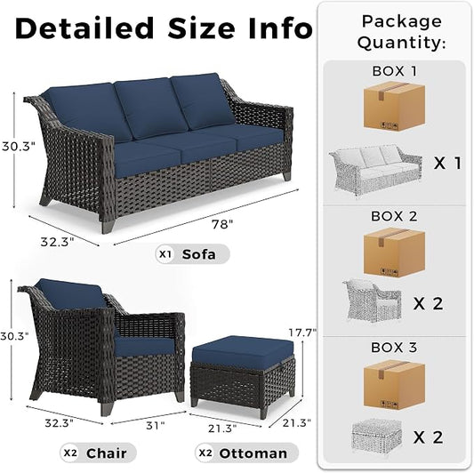5 Pieces Patio Conversation Furniture Set - 1 Sofa, 2 Armchairs, 2 Ottomans, Outdoor Wicker Furniture with Removable Cushions for Porch, Balcony, Sunroom (Blue)