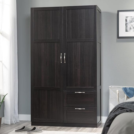 Sauder Select Multipurpose Bedroom Armoire Wardrobe Closet Pantry Storage Cabinet with Storage Drawers and Hanging Rail, in Cinnamon Cherry