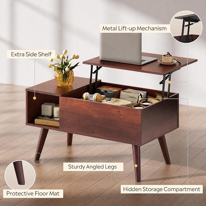 WLIVE Coffee Table for Living Room, Small Coffee Table with Storage, Lift Top Modern Wooden Dining Center Table with Storage Shelf & Hidden Compartment, 31.5" Espresso