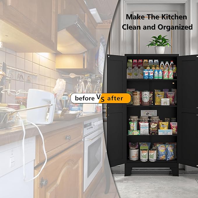 PAOFIN 61" Balck Metal Kitchen Storage Cabinet, Kitchen Pantry Storage Cabinet with Doors and Shelves, Storage Cabinet with Adjustable Leveling Foot for Kitchen, Living Room and Dining Room