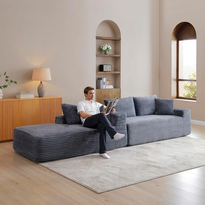 105-Inch L-Shaped Left Facing Corner Compressed Sofa Modular Sectional Boneless Cloud Sofa Floor Foam Couch with Chaise Lounge, Corduroy Corner Boneless Cloud Couch