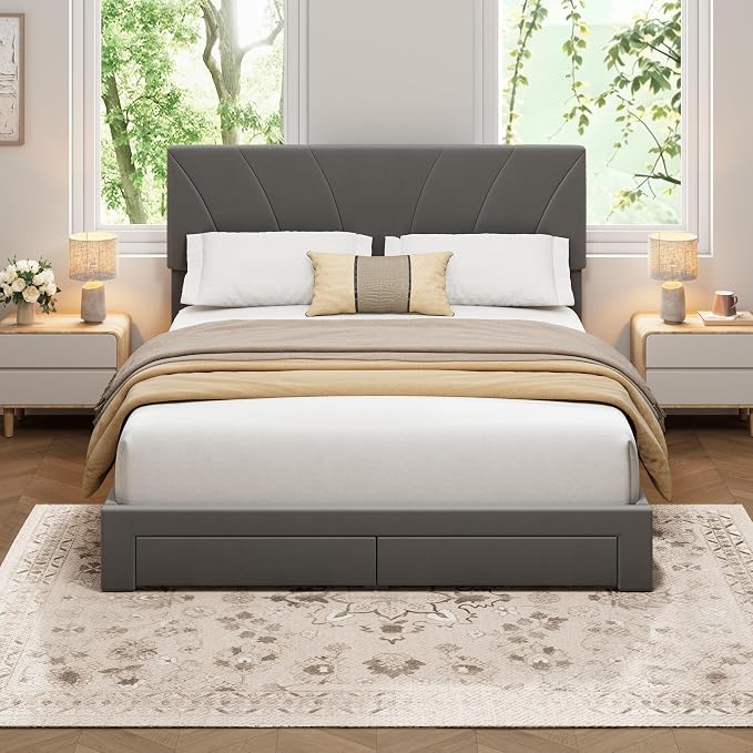 Garvee Queen Size Bed Frame with 2 Storage Drawers & Adjustable Headboard, Velvet Upholstered Platform Queen Bed Frame, Wooden Slats Support, No Box Spring Needed, Easy Assembly, Grey