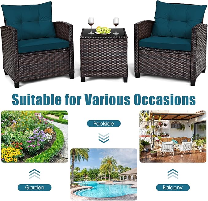 Tangkula 3 Pieces Patio Furniture Set, PE Rattan Wicker 3 Pcs Outdoor Sofa Set w/Washable Cushion and Tempered Glass Tabletop, Conversation Furniture for Garden Poolside Balcony (Prussian Blue)