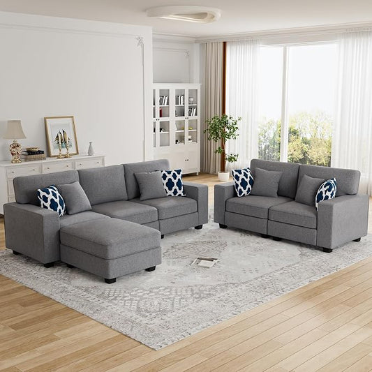 Legend Vansen Oversized Modular Sectional Sofa,U/L‑Shaped Reversible Couch with Ottoman,Deep Seat Plush Polyester Sofa for Living Room,6‑Seater,Dark Grey
