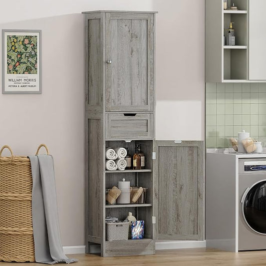 Iwell 67" Tall Bathroom Cabinet with Adjustable Shelves & 1 Drawer, Storage Cabinet with 2 Doors, Narrow Tall Cabinet, Floor Cabinet for Bathroom, Living Room, Home Office, Grey