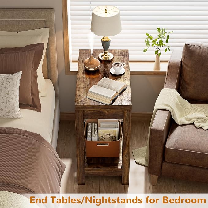 Besiost Farmhouse End Table, Narrow Side Table, Slim End Table with Storage Shelf, Small Console Table for Small Spaces, Rustic Nightstand Sofa Table for Living Room, Bedroom, 24", Rustic Brown