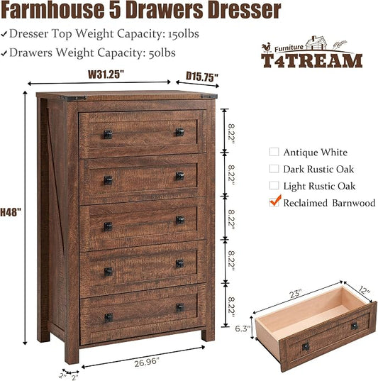 T4TREAM 48" Tall Farmhouse 5-Drawer Dresser for Bedroom, Reclaimed Barnwood | Rustic chests of drawers, Wood Storage Cabinet, Metal Handle, Unique Corner Accent, Bedroom, Living Room, Hallway