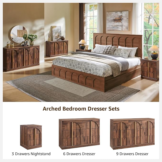 ACCOHOHO 6 Drawers Arched Dresser for Bedroom, 47.3" Wide Modern Chest of Drawers with Rounded Edge & Metal Handles, Hallway, Brown