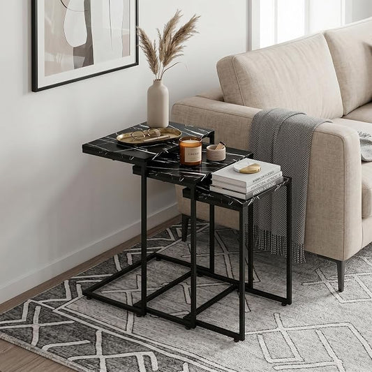SUPER DEAL Nesting Tables Set of 3, Industrial C Shaped End Table Stackable Coffee Table Heavy Duty Metal Frame for Small Space, Living Room, Bedroom, Side Table Tray for Laptop Snack, Black