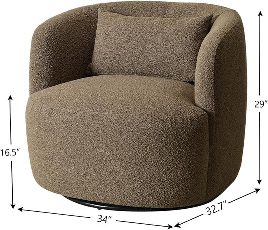 KINWELL 34" Wide Sherpa Swivel Barrel Chair, No Assembly Round Boucle Upholstered Accent Chair Armchair Single Sofa Chair with Toss Pillow for Living Room and Bedroom, Teddy Brown