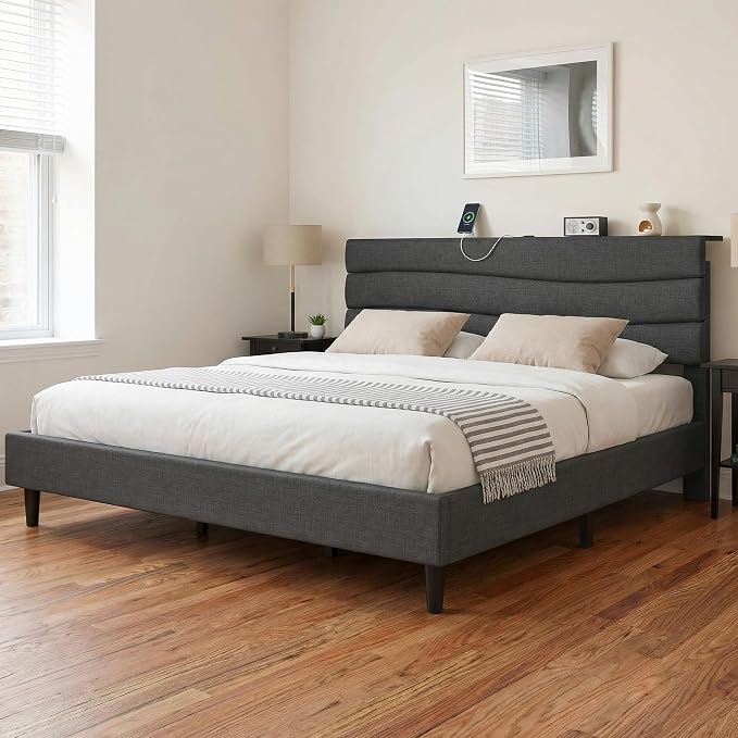 EnHomee King Bed Frame with Adjustable Height Upholstered Headboard, Charging Stations, Noise-Free Platform Bed, No Box Spring Needed,Easy Assembly, Grey