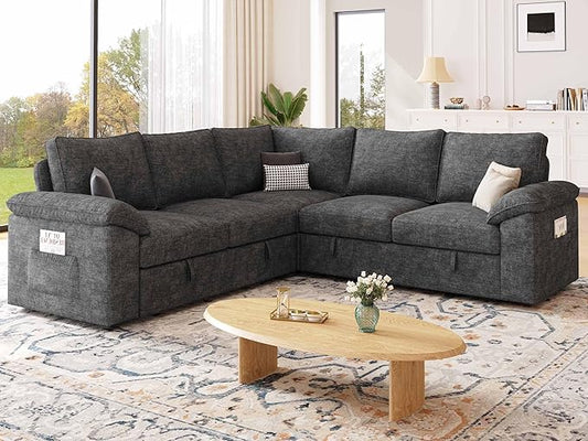 85 Inch Modular Sectional Sofa with Pull Out Bed,L Shaped 5 Seat Sectional Sleeper Sofa with Storage,Sectional Couches for Living Room,Cloud Modular Couch,Removable Sofa Cover, Dark Grey