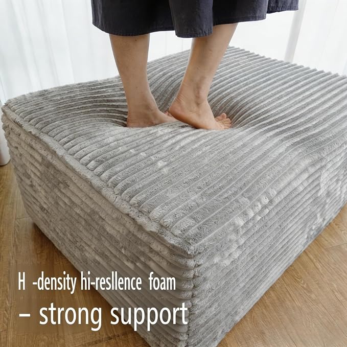 25.6 Inch Plush Corduroy Ottoman, Modular Sectional Foot Rest for Living Room, Upholstered Cloud Ottoman for Boneless Couch in a Box, Compressed Memory Foam, No Assembly Require, Light Grey