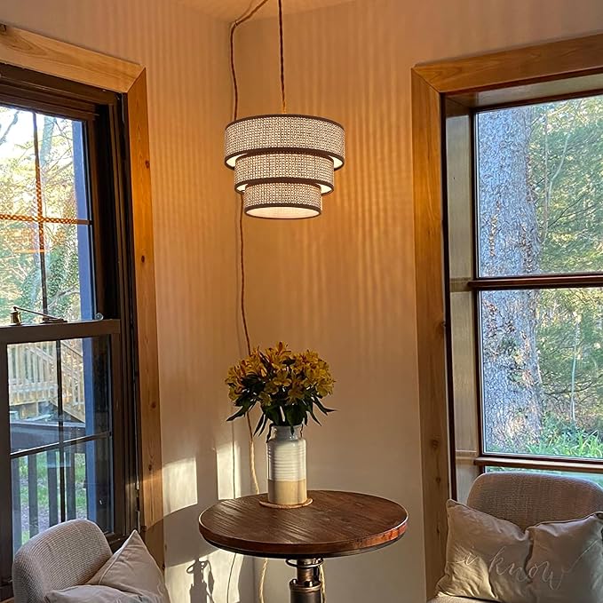 XININSUN Rattan Plug in Pendant Light Boho Wicker Lampshade Hanging Lights with Plug in Cord Plug in Chandelier for Bedroom Kitchen Dining Room Island
