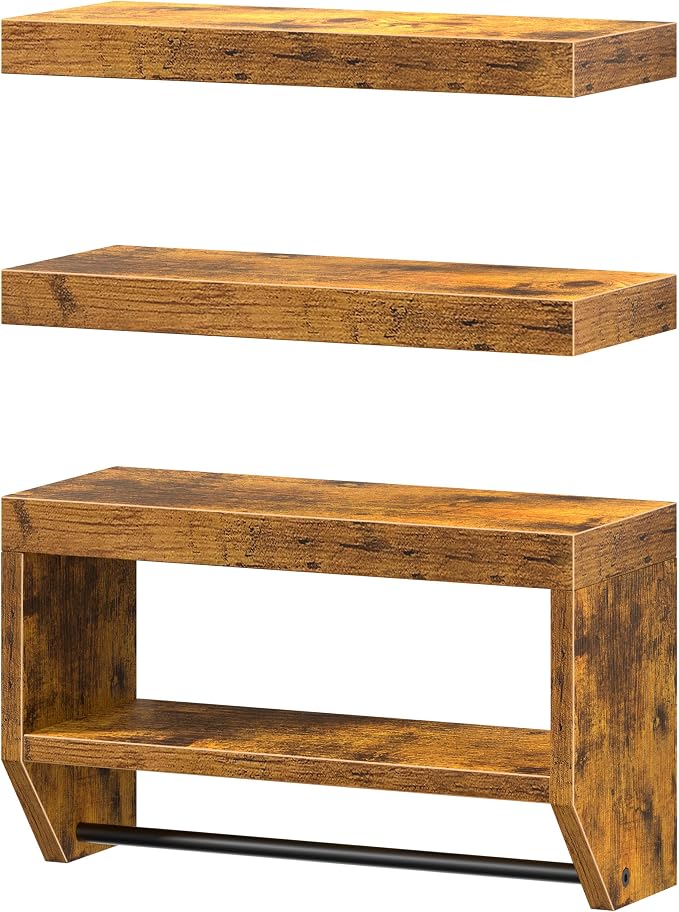 QEEIG Bathroom Floating Shelves for Wall - Shelf Over Toilet Paper Storage Farmhouse 16 inch Set of 3, Rustic Brown (028-40BN3)
