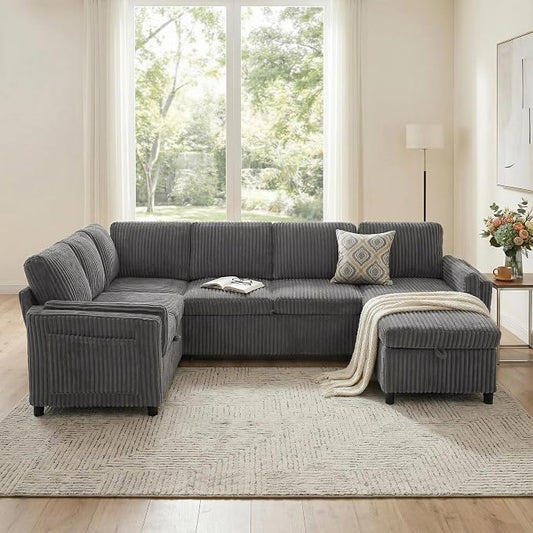Sectional Sleeper Sofa with Pull Out Bed, 7 Seats U Shaped Modular Sectional Sofa with Storage, USB Ports, Cup Holders, Plush Corduroy Cloud Sectional Couches for Living Room, Dark Grey