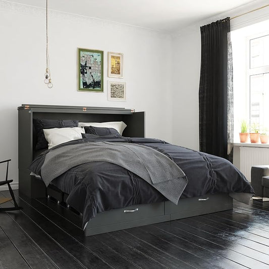 AFI Hamilton Queen Murphy Bed Chest with Mattress, Storage, and Built-in Charger in Grey