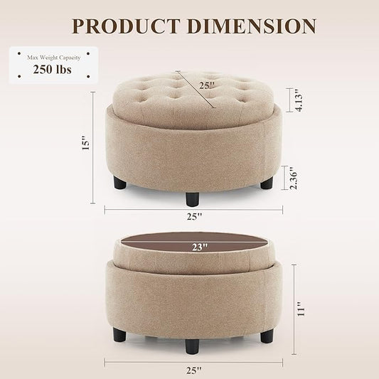 COLAMY Fabric Round Storage Ottoman with Reversible Tray Lid – Multi-Functional Footrest, Hidden Storage, Sturdy & Stylish Small Coffee Table for Living Room, Bedroom, or Entryway(Camel)