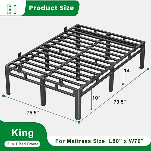 ROIL 14 Inch King Bed Frame, Double Layer Metal Bed Frame with Round Corner Legs, 4000LBS Bed Frame & Box Spring 2 in 1 Platform with Headboard Holes Mattress Baffles, Noise-Free Easy Assembly