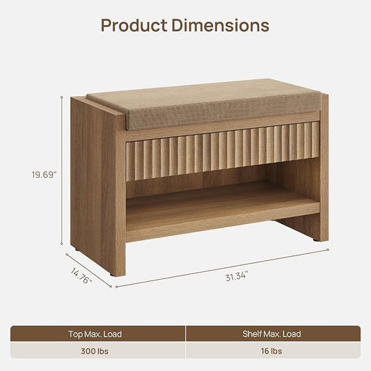 SICOTAS Fluted Shoe Bench with Drawers for Entryway Set of 2, Caramel Oak | Modern Fluted Design, 300 lb Capacity Per Bench, Comfortable Cushion, Spacious Drawer, Open Shoe Storage, Multi-Room Use