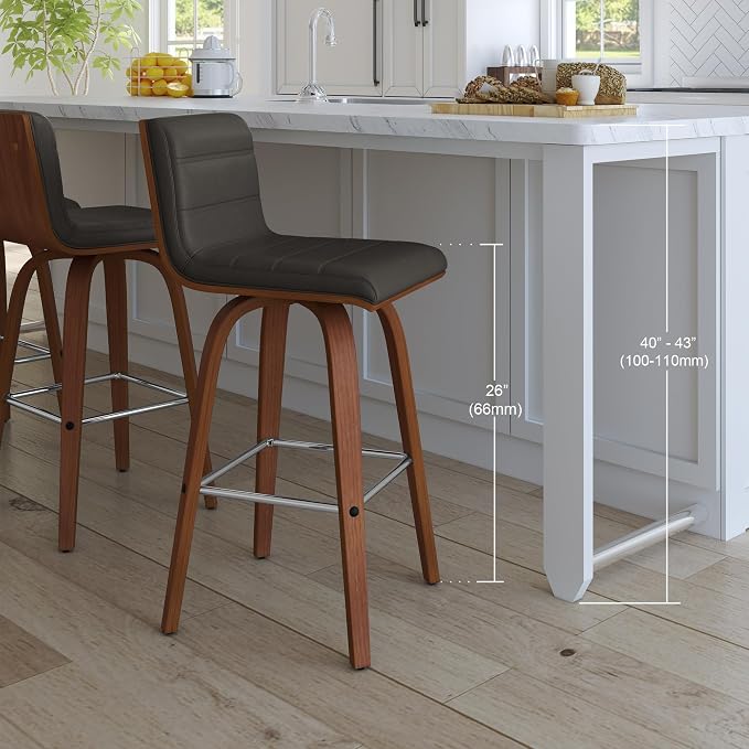 Armen Living Vienna 26" Counter Height Swivel Grey Faux Leather and Walnut Wood Bar Stool