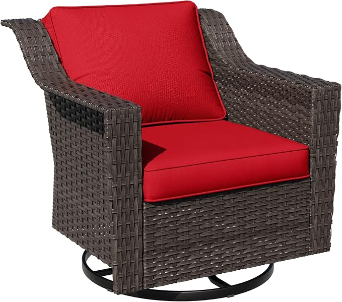 Outdoor Furniture Swivel Chair, Patio Glider Wicker Rocker Seating with Cushions for Porch Deck Balcony (Red)