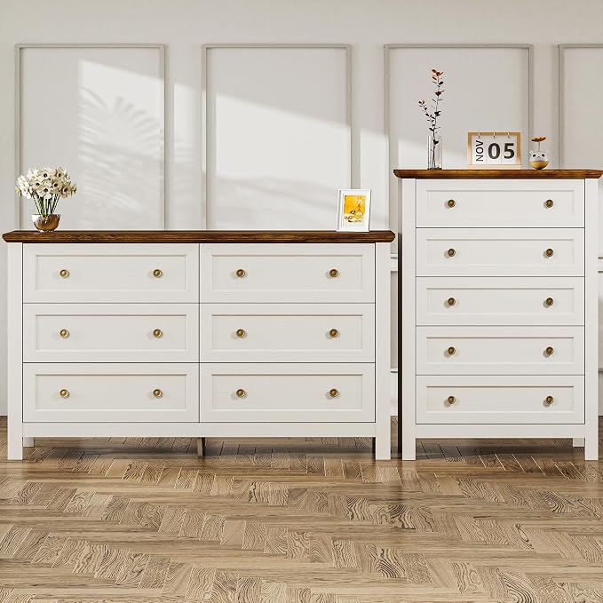 Farmhouse Dresser Nightstand Sets, 2-Piece Bedroom Furniture Set for Home | 5 Drawer Tall Dresser & 6 Dresser Closet , Chest of Drawers for Bedroom, Living Room, Entryway, Antique White
