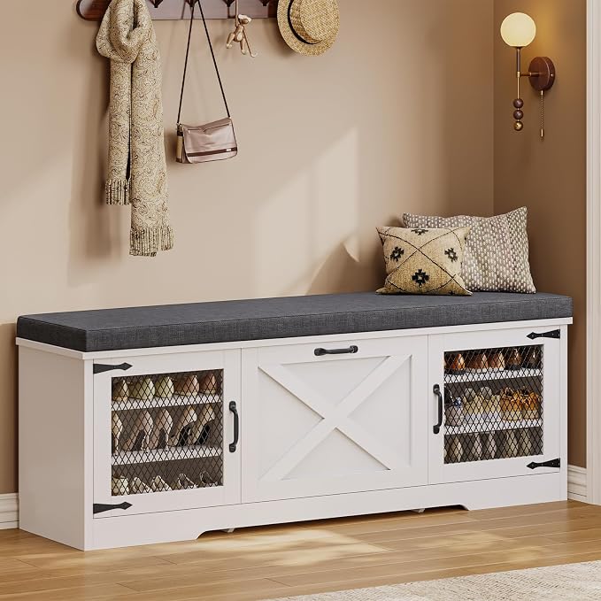 UPOSOJA Farmhouse Storage Bench with Flip Drawers & Padded Seat Cushion, Half Hidden Shoe Rack Organizer, Adjustable Shelf Shoe Cabinet for Entryway, Bedroom, Living Room (White, 57IN)