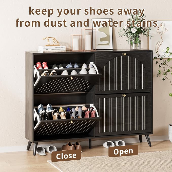 Fsbecl Shoe Storage Cabinet for Entryway with 4 Flip Drawers, Narrow Shoe Organizer with Fluted Panel, Freestanding Wood Hidden Shoe Cabinet (Black, 4 Flip Drawers)