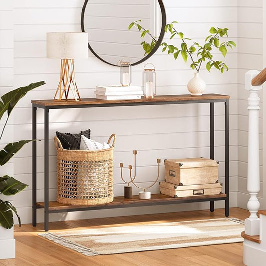 HOOBRO Console Table, 47.2" Narrow Entryway Table, Sofa Table with Shelf, Entrance Table for Living Room, Hallway, Foyer, Corridor, Office, Metal Frame, Rustic Brown and Black BF20XG01G1