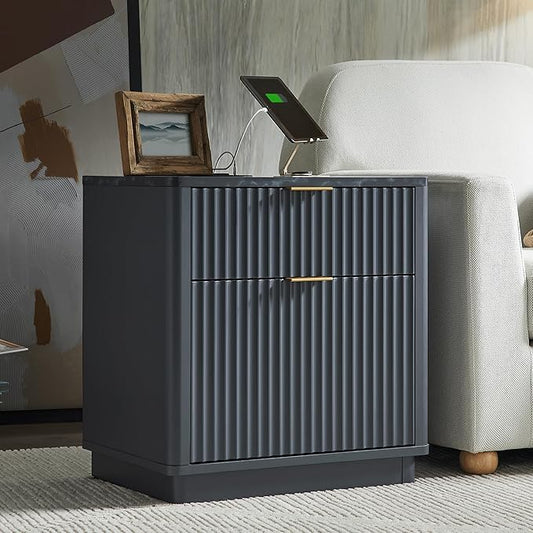 T4TREAM 23'' Fluted Nightstand Set of 2 with Charging Station, Large 2 Drawer Side Table, Modern End Table with Storage, Mid Century Bedside Table for Bedroom, Living Room, Curved Profile, Dark Grey