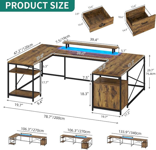 YITAHOME U Shaped Desk with Power Outlets & LED Lights, 79" Reversible L Shaped Desk with Drawers, Corner Computer Desk Office Desk with Monitor Stand & Storage Shelves, Rustic Brown