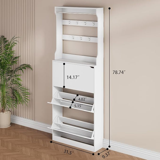Shoe Storage Cabinet, Wood Shoe Organizer for Entryway with 3 Flip Drawers, Freestanding Shoe Rack with Adjustable Shelf, Narrow Shoe Dresser for Front Door Entrance (White, Tall 3 Drawers)