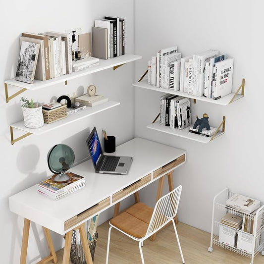 Heimlove Deep Floating Shelves for Wall, 36W x 12D Wood Wall Shelves Set of 2, Wide Floating Bookshelf for Living Room, Kitchen, Office, Bedroom and Decor Storage, with Golden Bracket - White & Gold