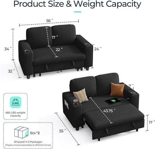 LINSY Home 56" Sectional Couch with Pull Out Bed, Modular Loveseat Sleeper Sofa, Corduroy Convertible Sofa Bed, Cup Holder|USB Charging|Side Pocket, Living Room, Bedroom, Apartment, Black