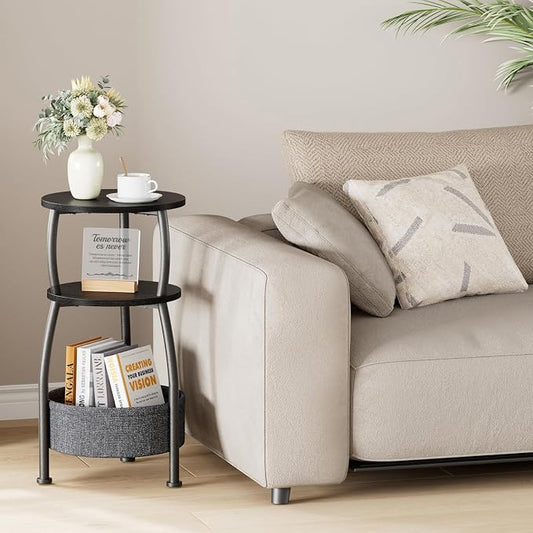 Small Round Side Table for Living Room with Storage Basket –Small Space Saving End Table 3-Tier Accent Nightstand Couch Corner Table for Sofa, Bedroom, Patio and More 24in Tall Classic Black